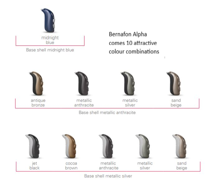 Range of hearing aids depicting Bernafon Alpha colours.