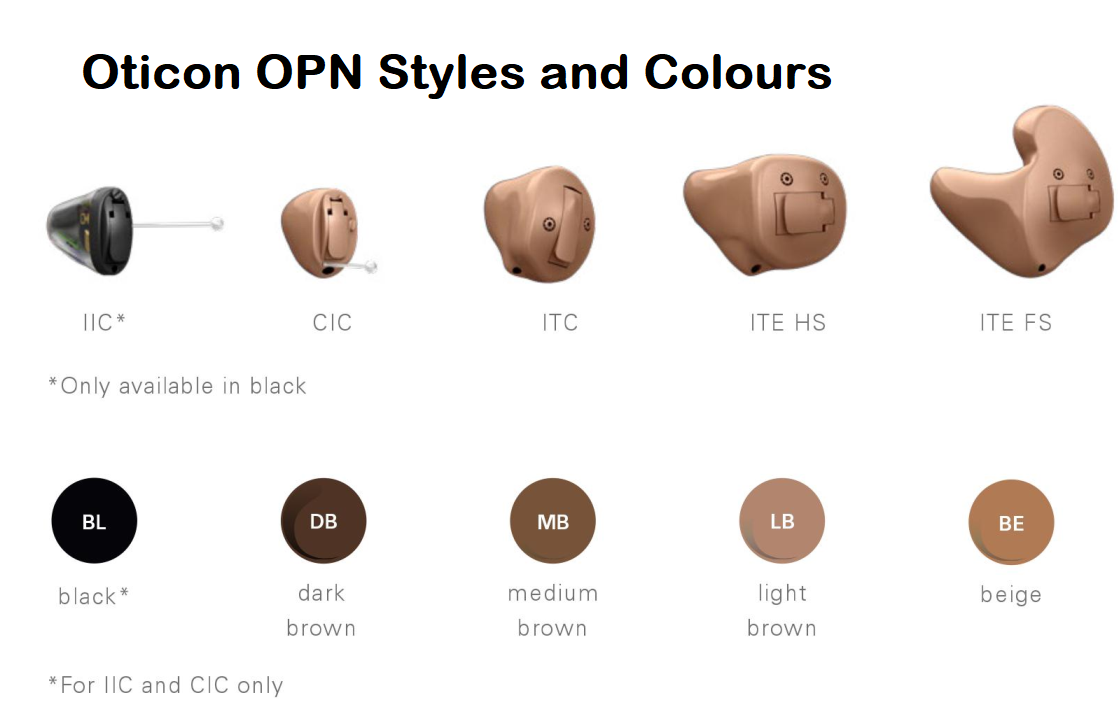 Oticon OPN IIC CIC ITC ITE styles colours hearing aids 