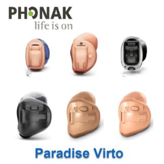 image shows the phonak virto paradise range of hearing aids - iic, Cic, ITC wireless and titanium
