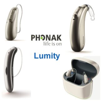 Image if Phonak Lumity Hearing Aid Range. image of Lumity Audeo, Lumity Naida, Lumity Slim hearing aids. Image of Lumity charger. Phonak Logo