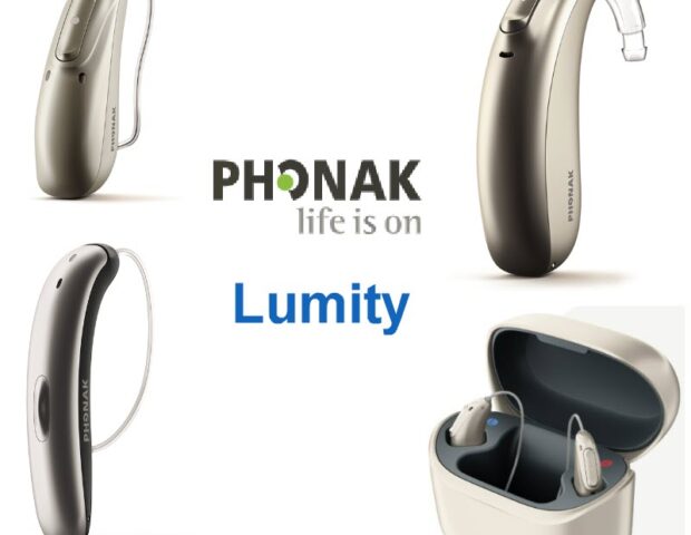 Image if Phonak Lumity Hearing Aid Range. image of Lumity Audeo, Lumity Naida, Lumity Slim hearing aids. Image of Lumity charger. Phonak Logo