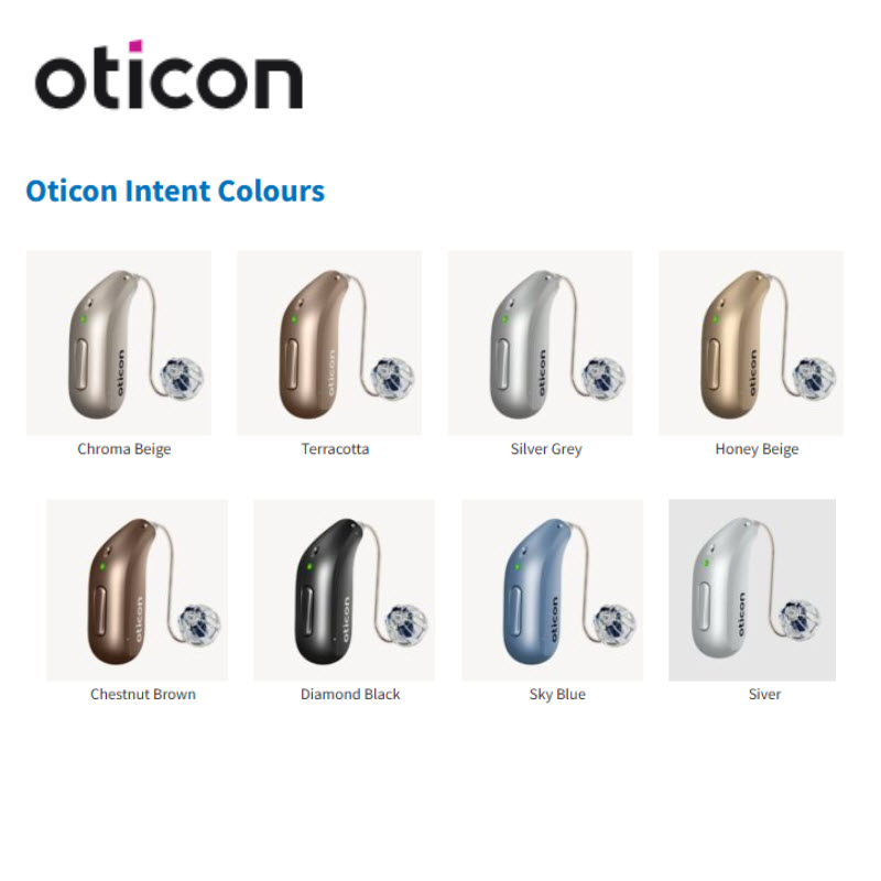 Oticon Intent colours, chroma beige, terracotta, silver grey, honey beige, chestnut, chestnut brown, diamond black, sky blue, silver