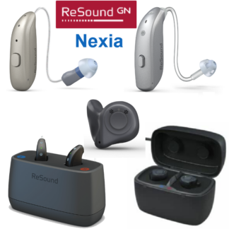Image of ReSound Nexia RIC rechargeable, BTE rechargeable and ITC rechargeable with RIC charger image and ITE charger image