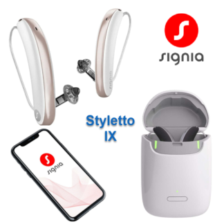 Signia Styletto XI with picture of charger and phone app and Signia Logo