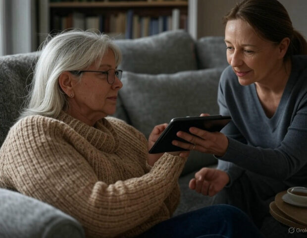 Image of an audiologist showing hearing results to a customer in their own home