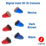 Signia Insio IX hearing aids in colours mocha, dark brown & black