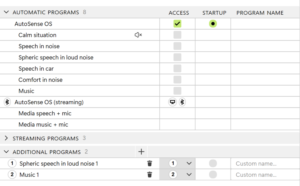 Program options in Phonak target software