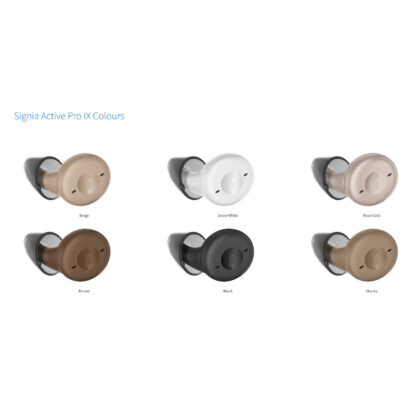 Signia Active pro IX colours, beige, snow white, rose gold, brown, black and mocha