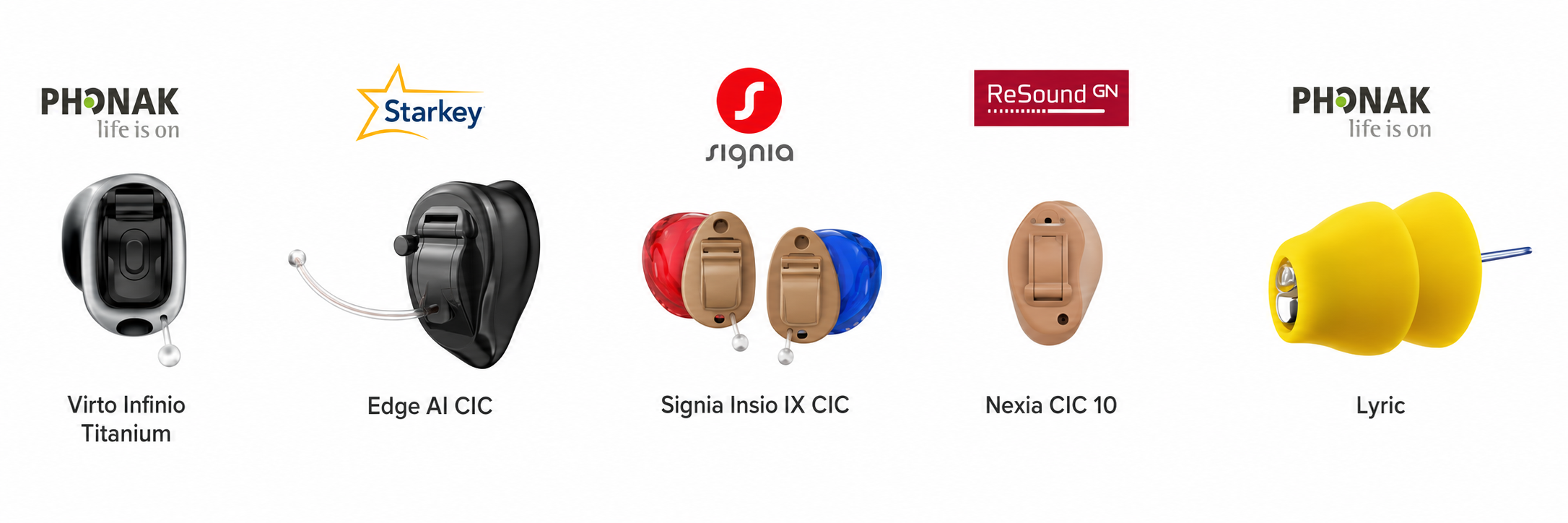 Examples of some of the best invisible hearing aids in UK, showing Phonak Virto Infinio Titanium, Starkey Edge AI CIC, Signia Insio CIC, ReSound Nexia CIC 10, and Phonak Lyric.