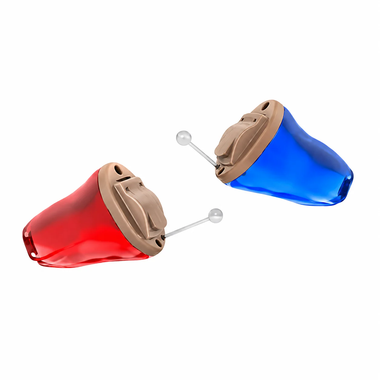 Signia Insio IX IIC invisible hearing aids, showing right ear (Red) and left ear (Blue) colour coding